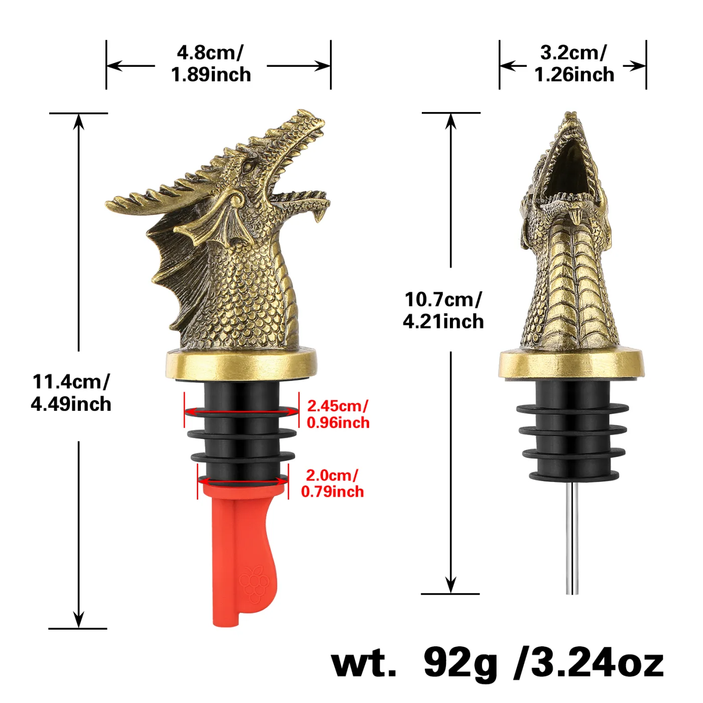 Size drawing of the bronze pourer: 11.4 cm tall, 4.8 cm wide