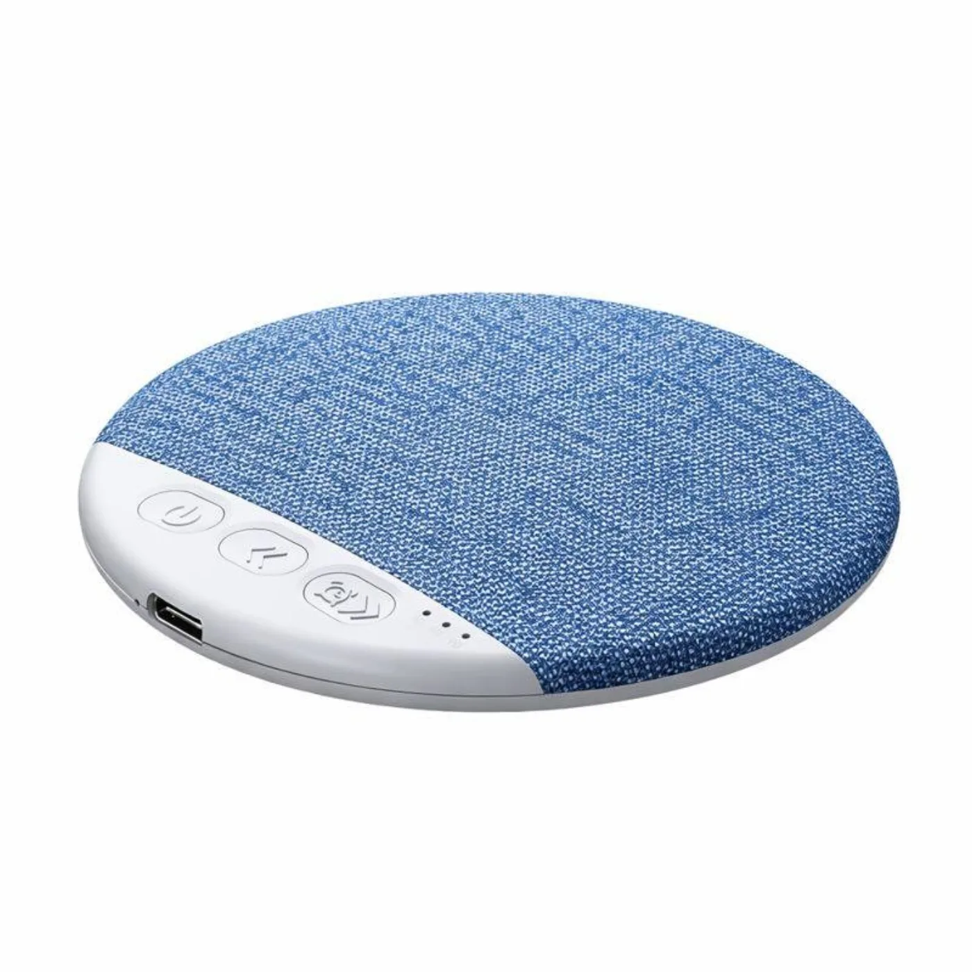 Pillow speaker on its own on a white background, showing the blue fabric top, three buttons, three small lights and the USB-C port