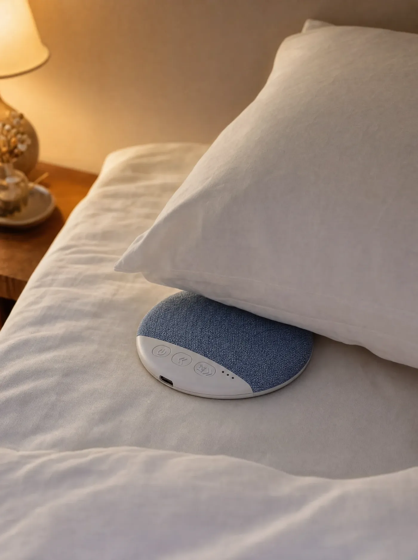 Pillow speaker lying on a made bed, half under a white pillow, in warm evening lamp light