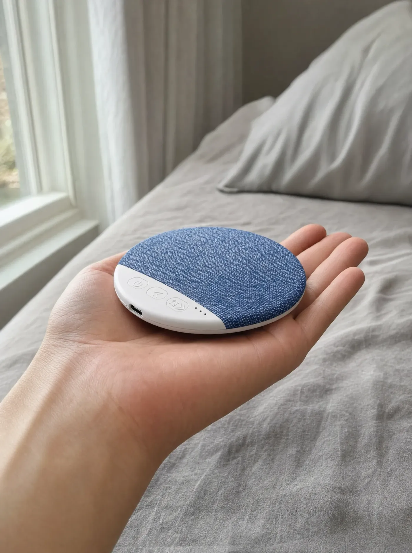 Pillow speaker resting flat on an open hand above a bed, showing its size