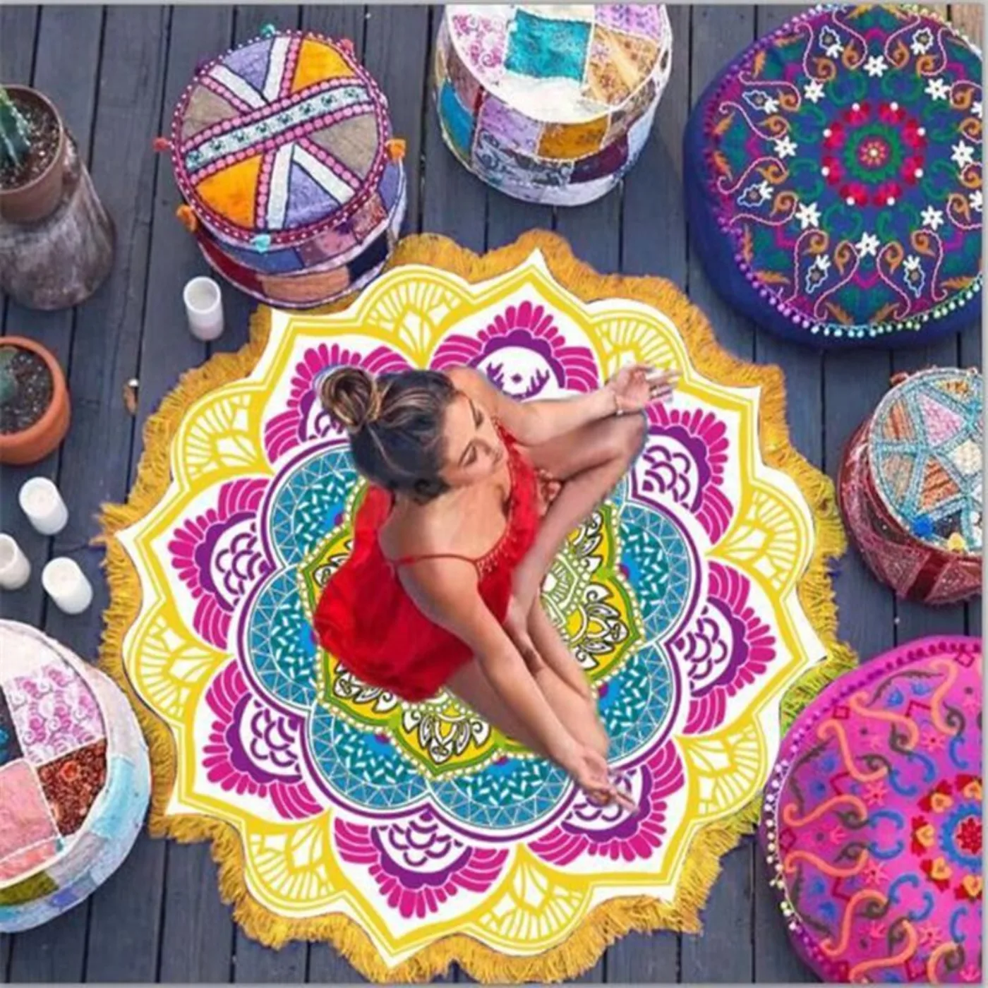 Polygon Printing Tassel Round Bath Towel Yoga Mat, photo 5