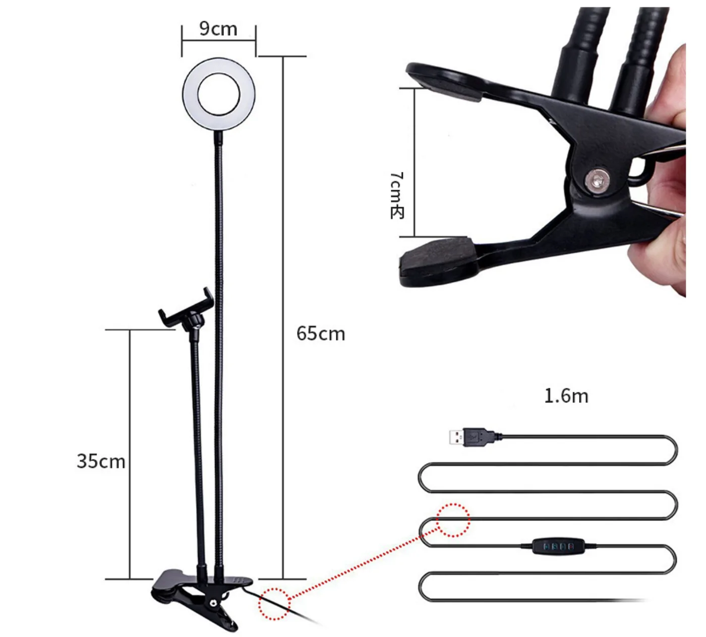 Size photo: 9 cm ring, 65 cm and 35 cm arms from the clamp, clamp opening up to 7 cm and a 1.6 m USB cable