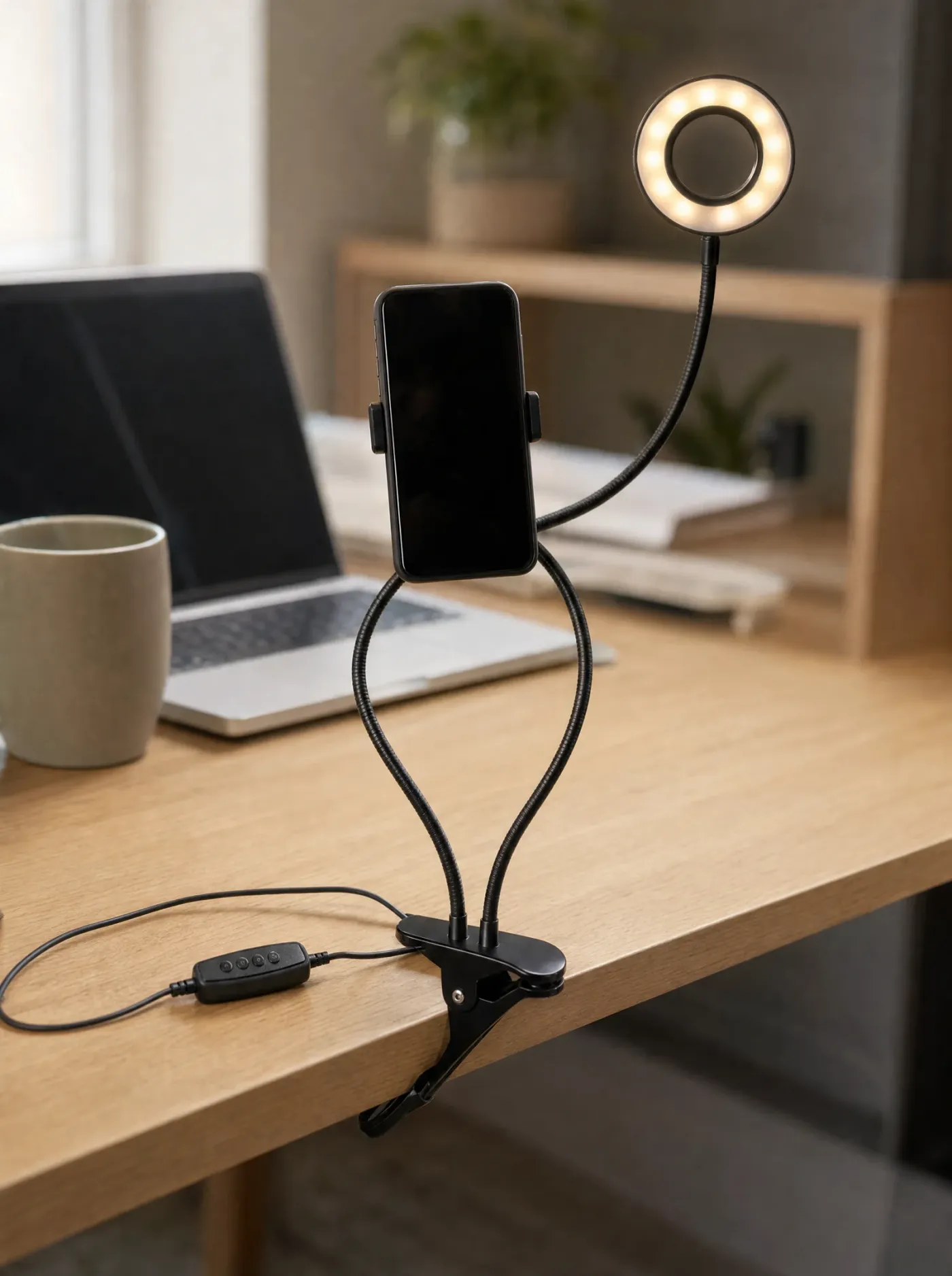 Ring light clamped to the edge of a wooden desk in a home office, the ring lit warm white and a phone in the holder