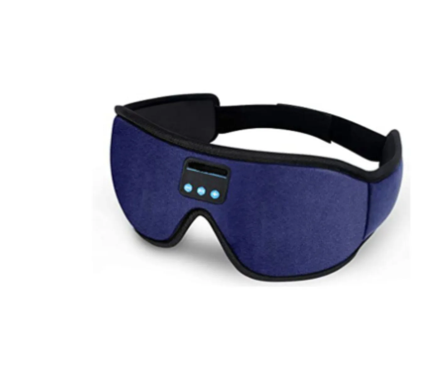 Dark blue Bluetooth sleep mask with a black strap and three buttons on a small black panel